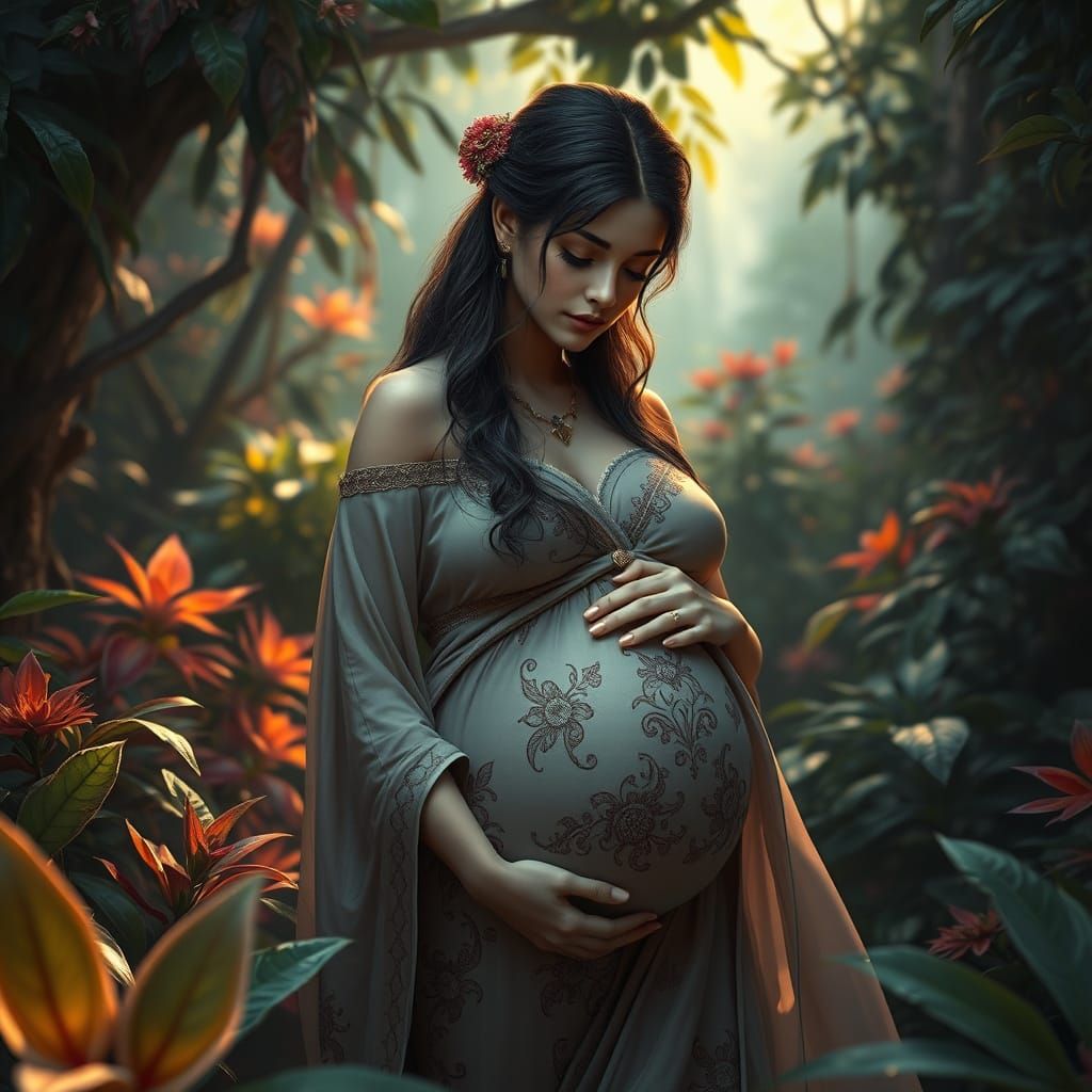 Pregnant Woman in Lush Environment: Matte Painting