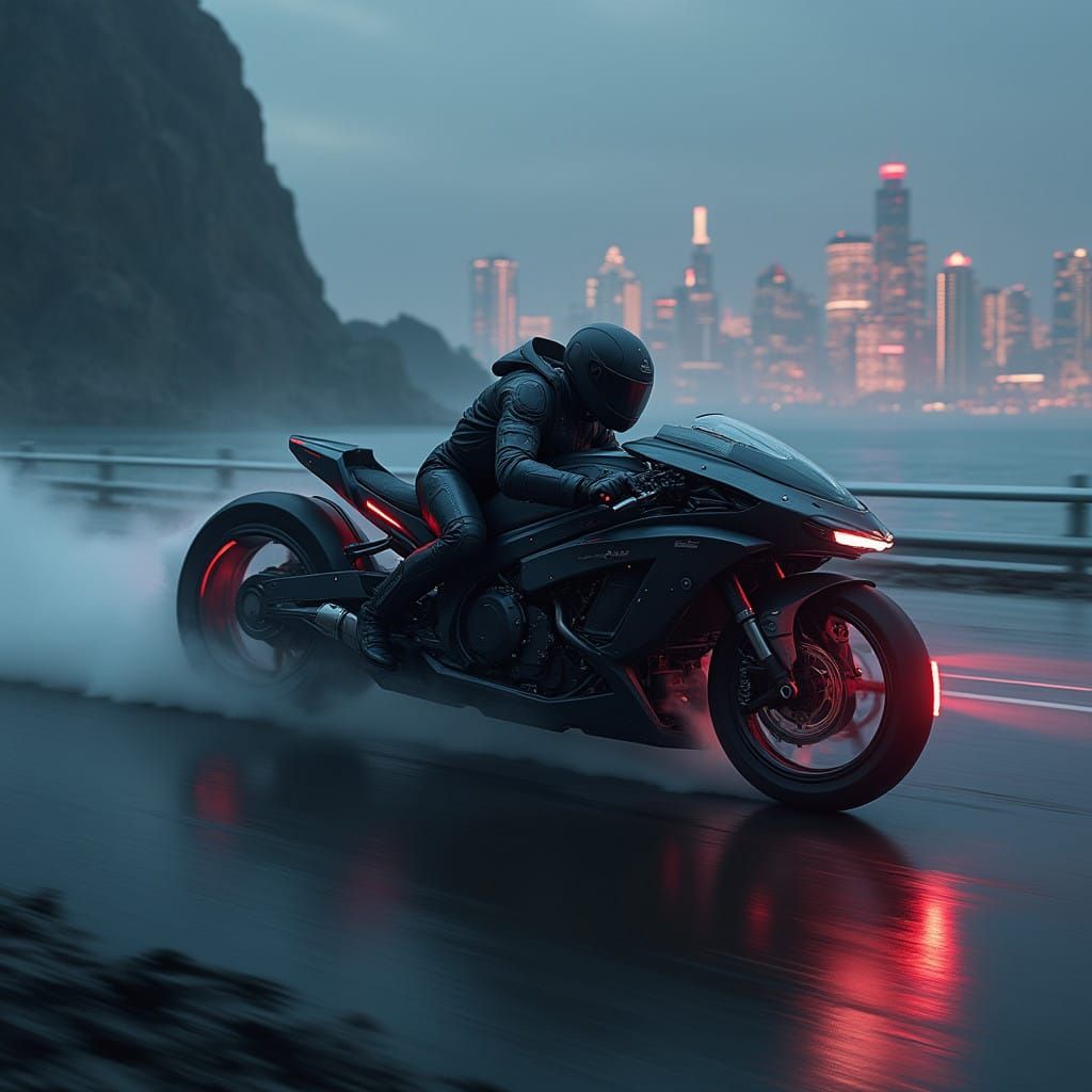 Cyberpunk Motorcycle Soars Through Mysterious Oceanic Landsc...