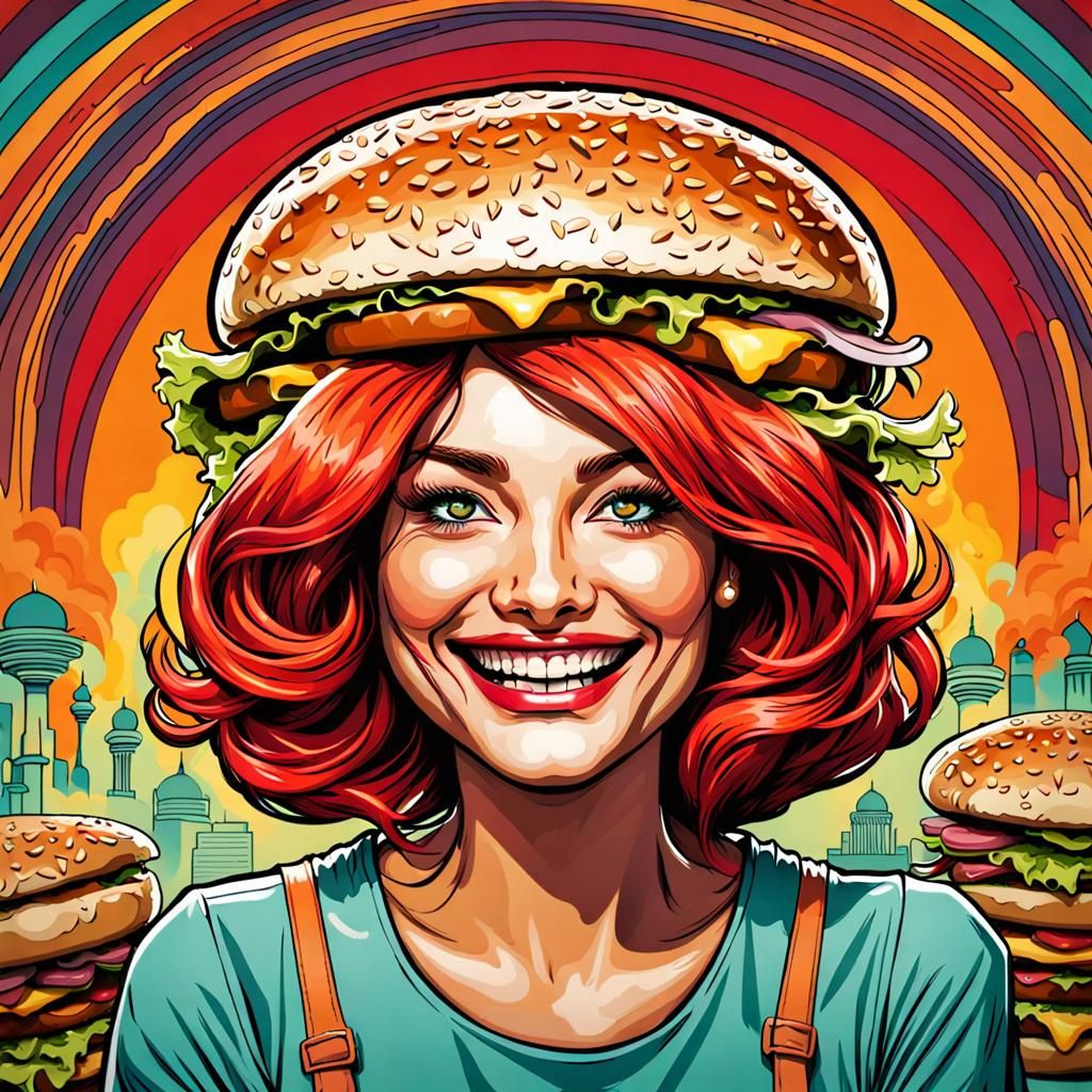Redhead Girl Laughing at Huge Burger, Psychedelic Art
