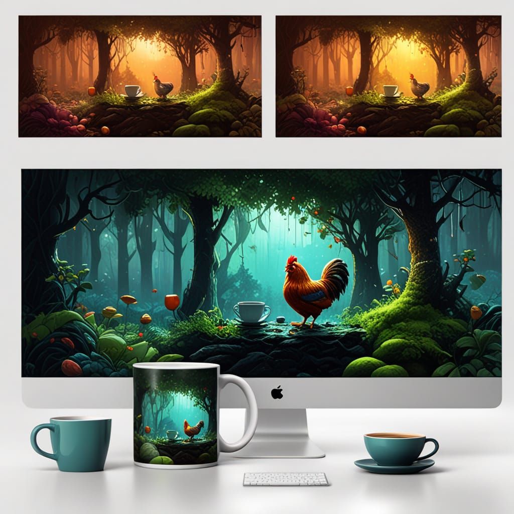 Anthropomorphic Chicken Coffee Break in Forest, Fantasy Art