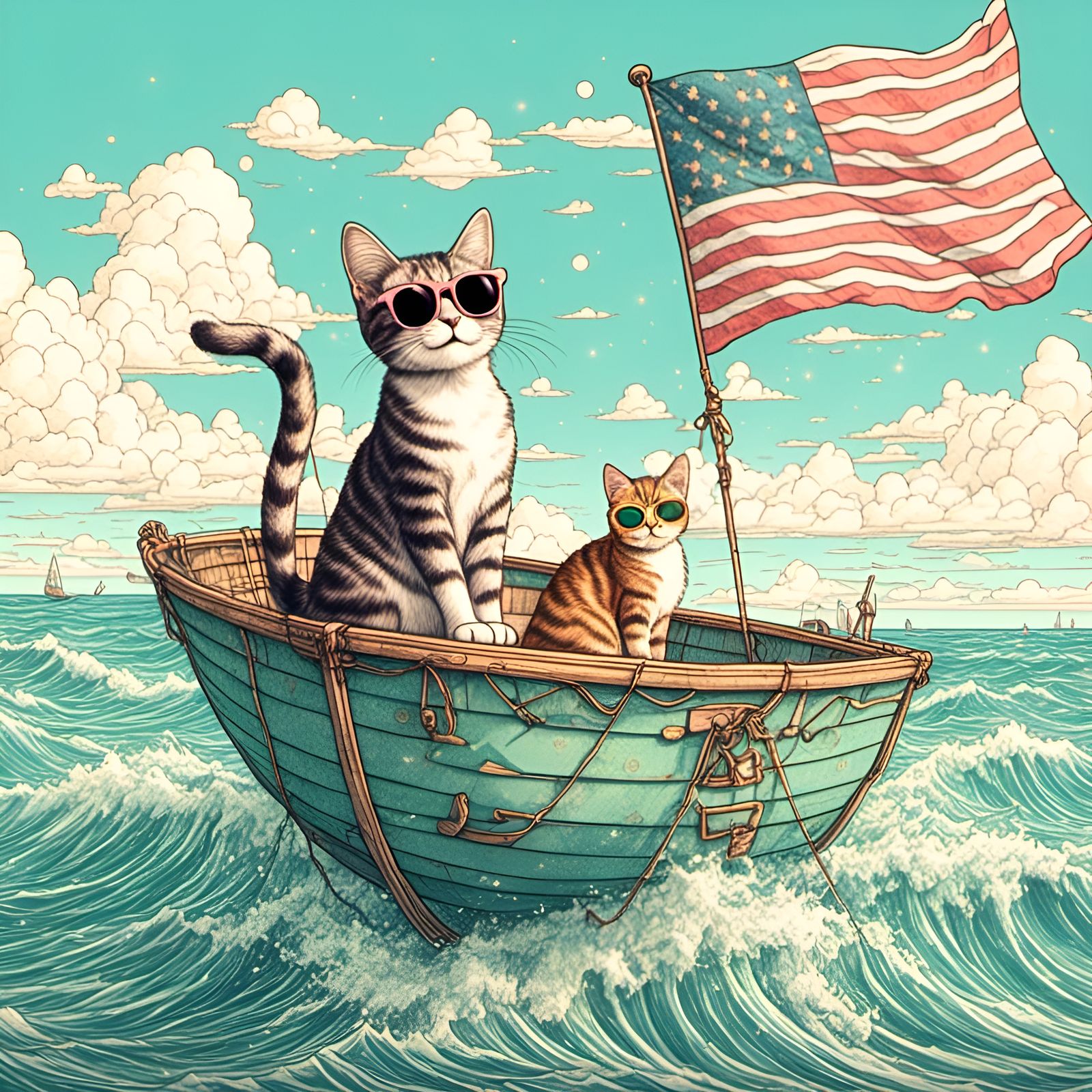 Cat with Sunglasses Holding Flag Illustration