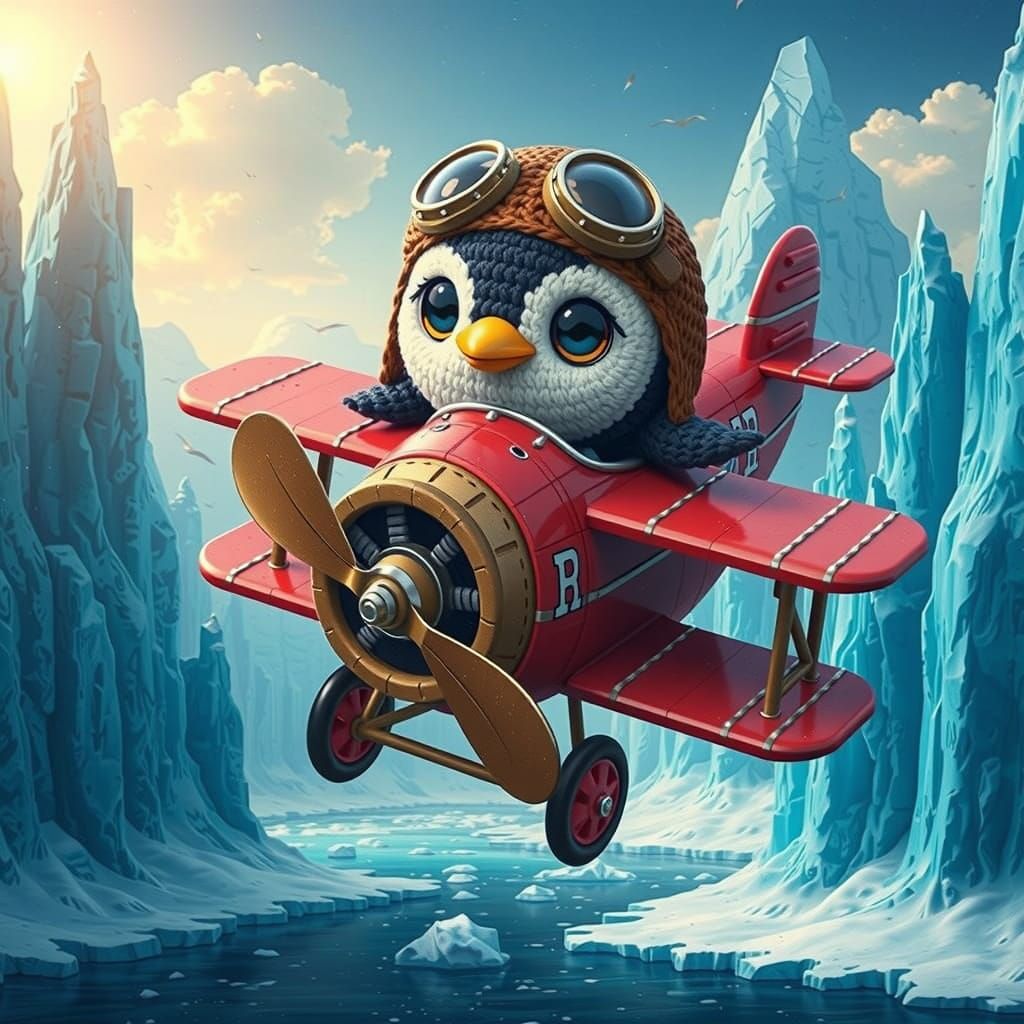 Adorable Cartoon Penguin Pilot in Vintage Biplane Over Arcti...