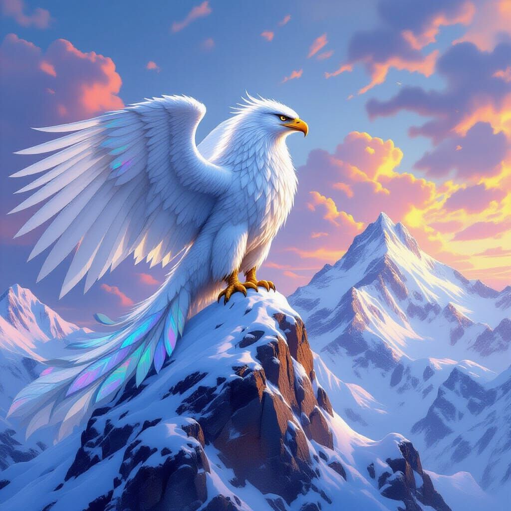 Majestic Griffin Surveys Snowy Peak: Digital Painting
