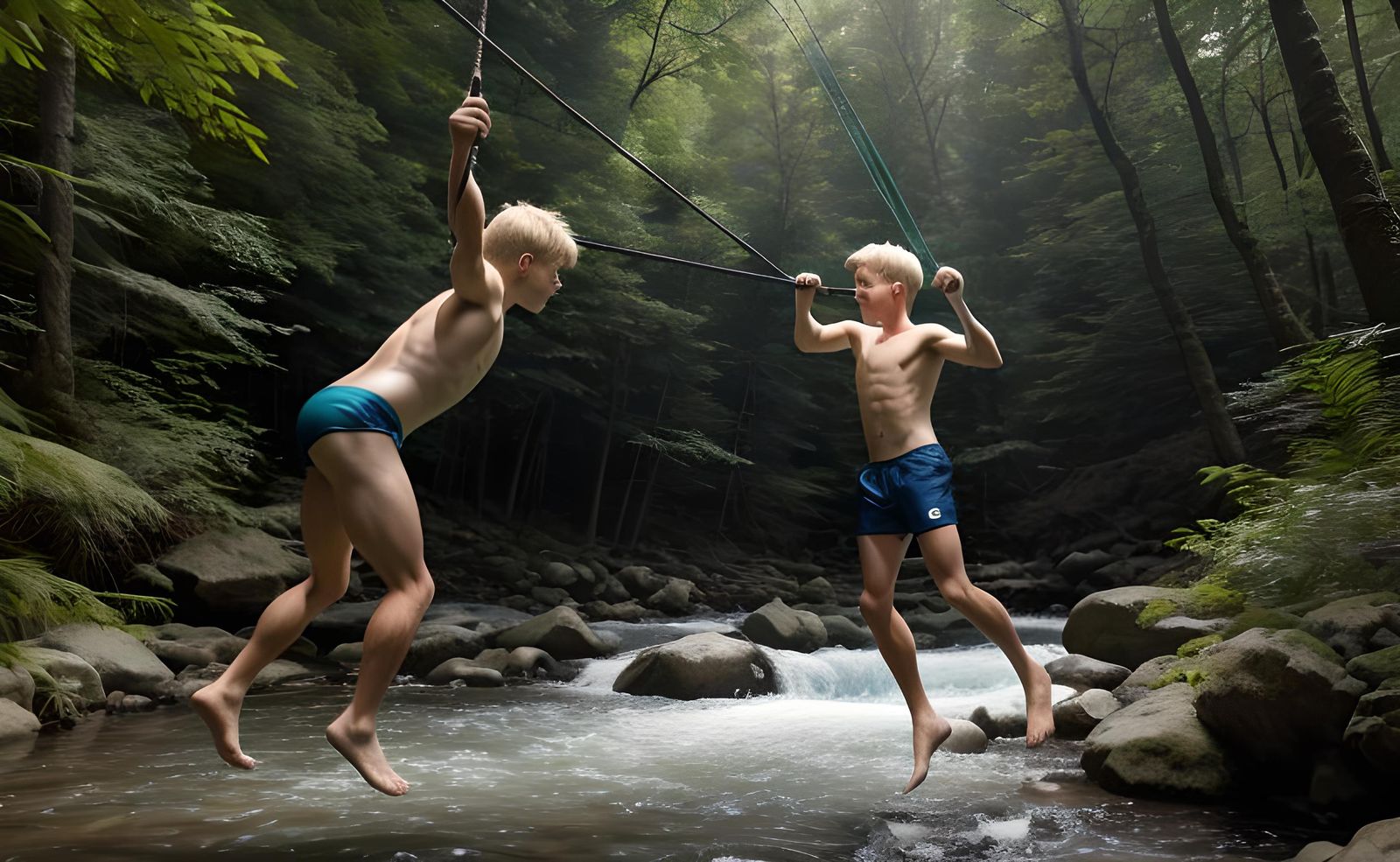Boys Swimming in Forest Creek on Summer Day