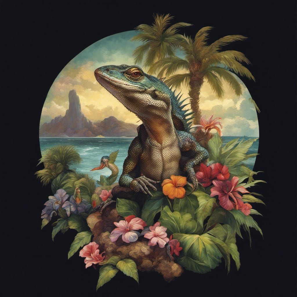 Rock and roll Lizards in leather jackets & tropical island scene Canaletto Amanda Sage Pino Daeni deep rich colors well ...