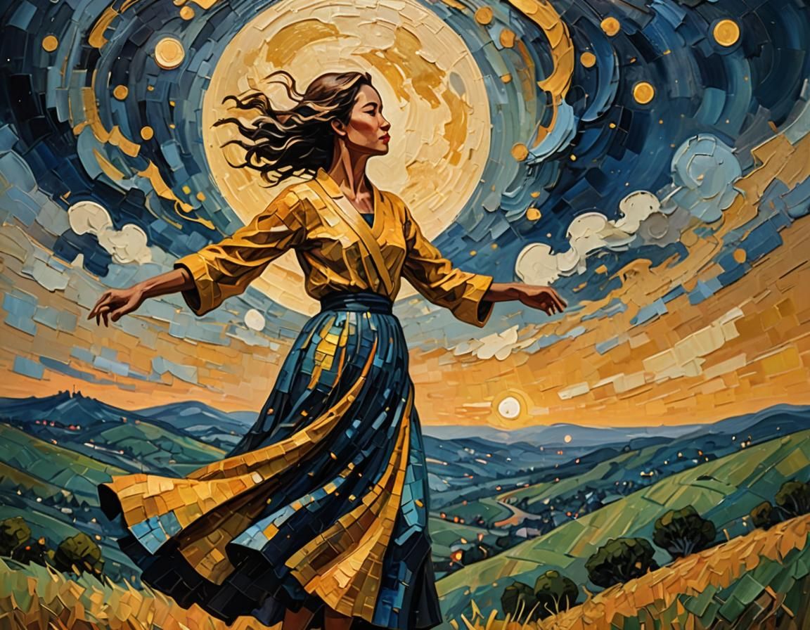 Woman Dancing Under Moonlight in Neo-Impressionist Style