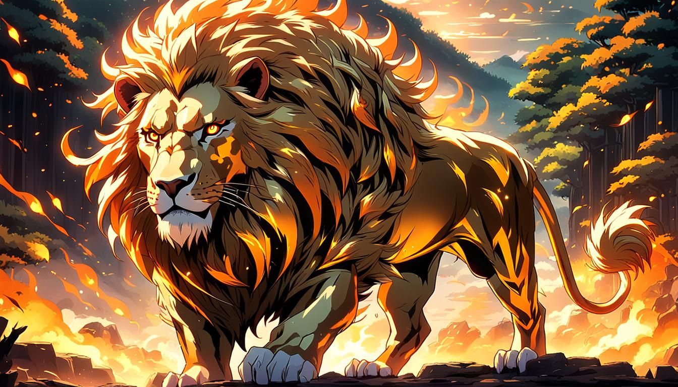 Anime Lion King, Radiant with Golden Power and Flaming Spiri...