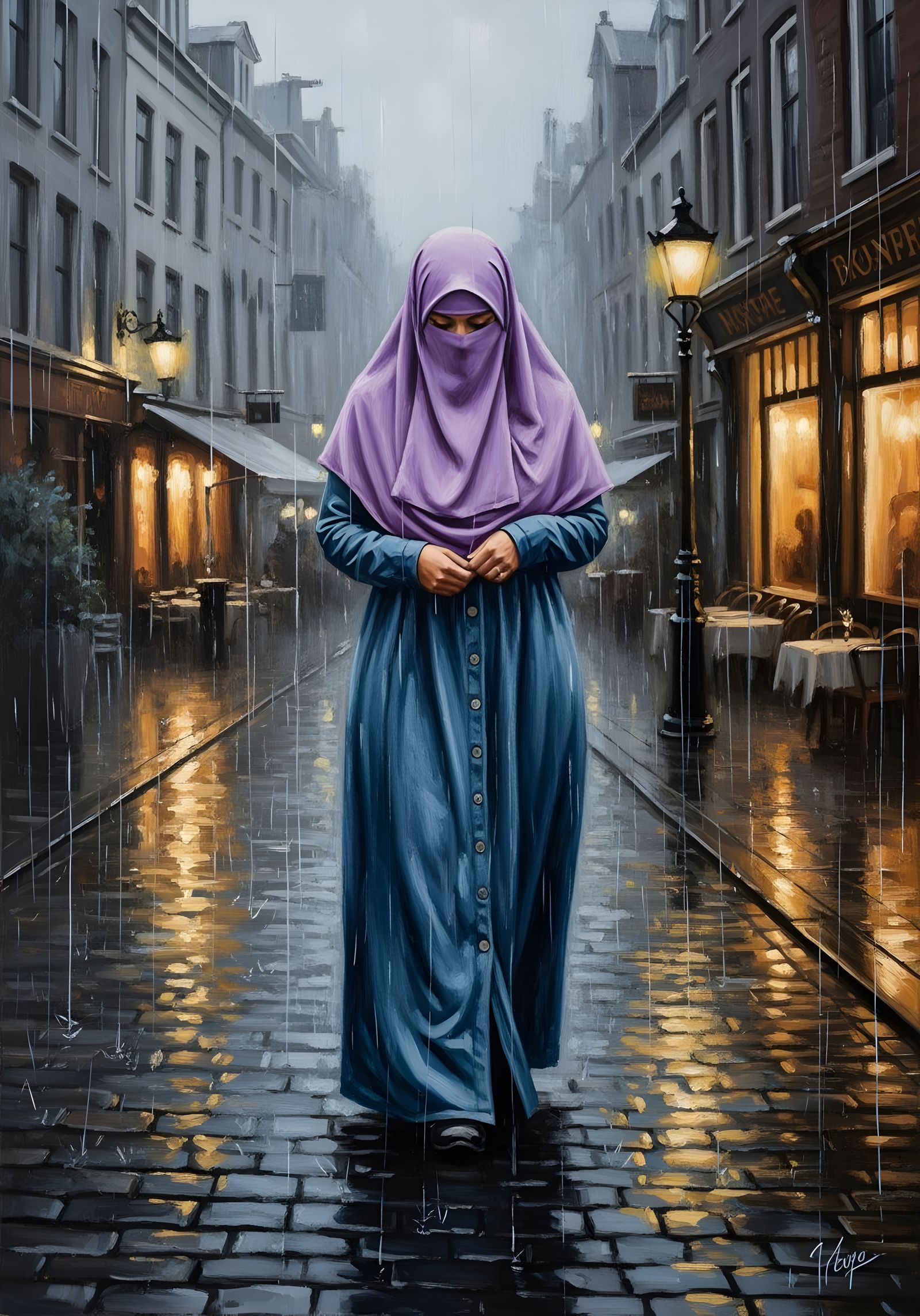 European Woman in Niqab Walking in Rainy City