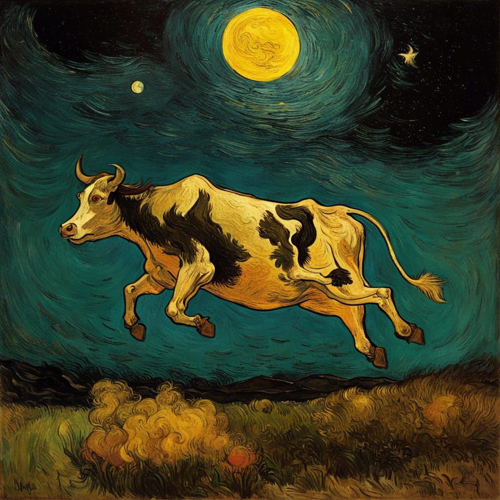 Cow Jumps Over Moon in Van Gogh Style