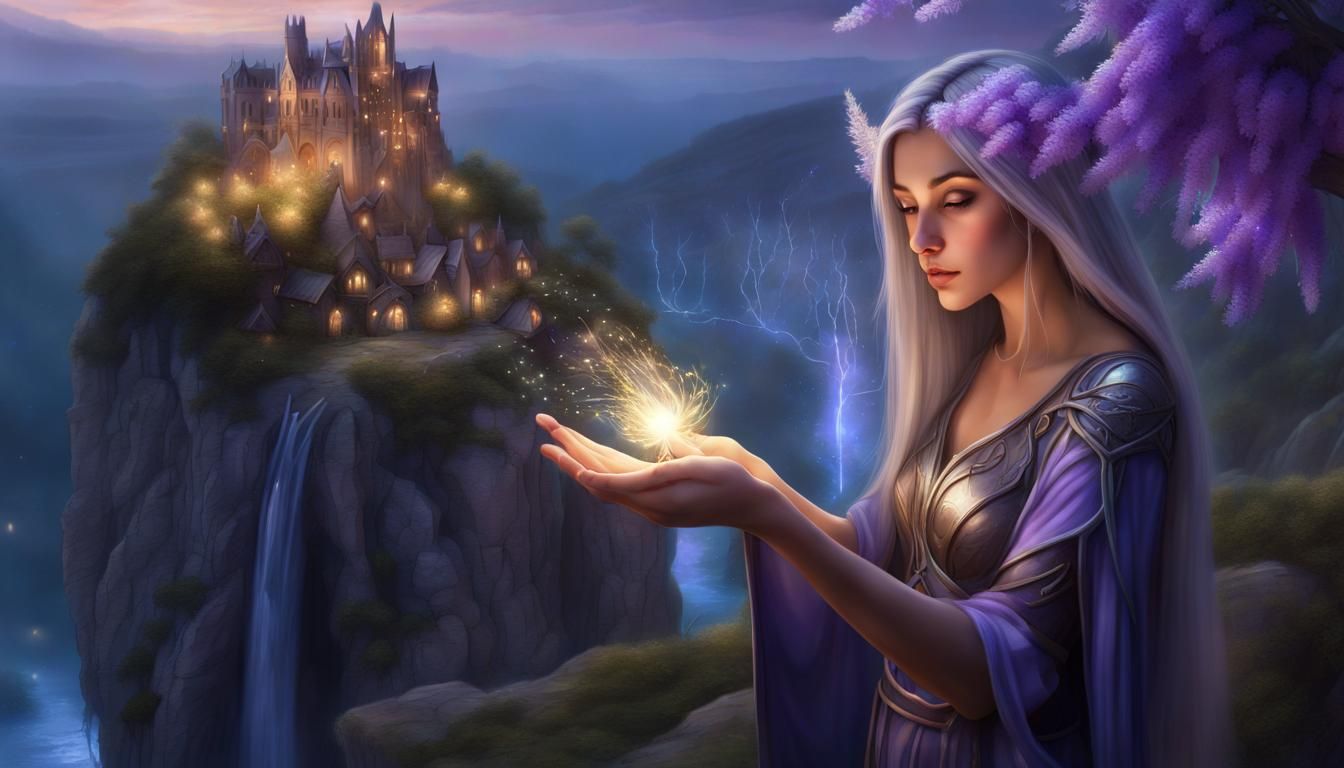 Night Elf holding a sparkling wisp in her hand, sending it off to send a message to a friend.