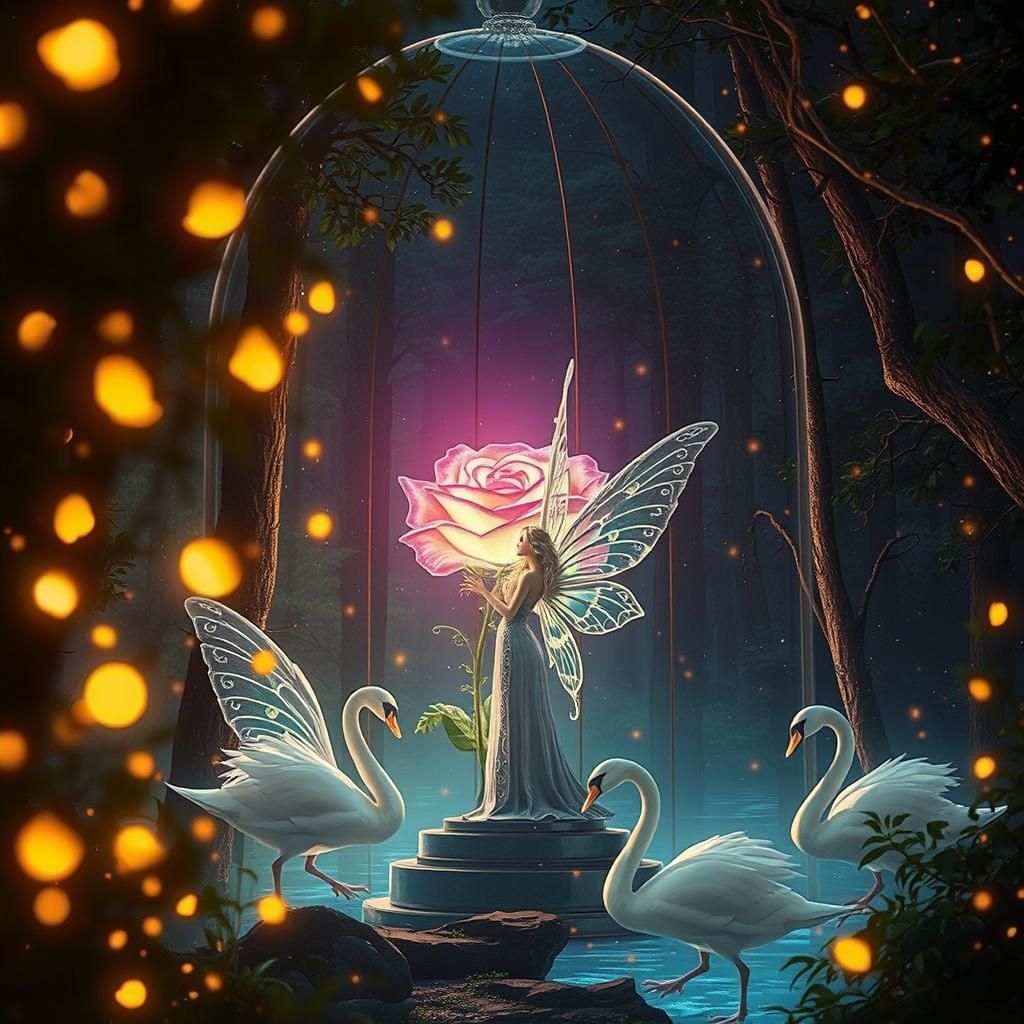 Fairy and Illuminated Rose in Forest, Fantasy Art