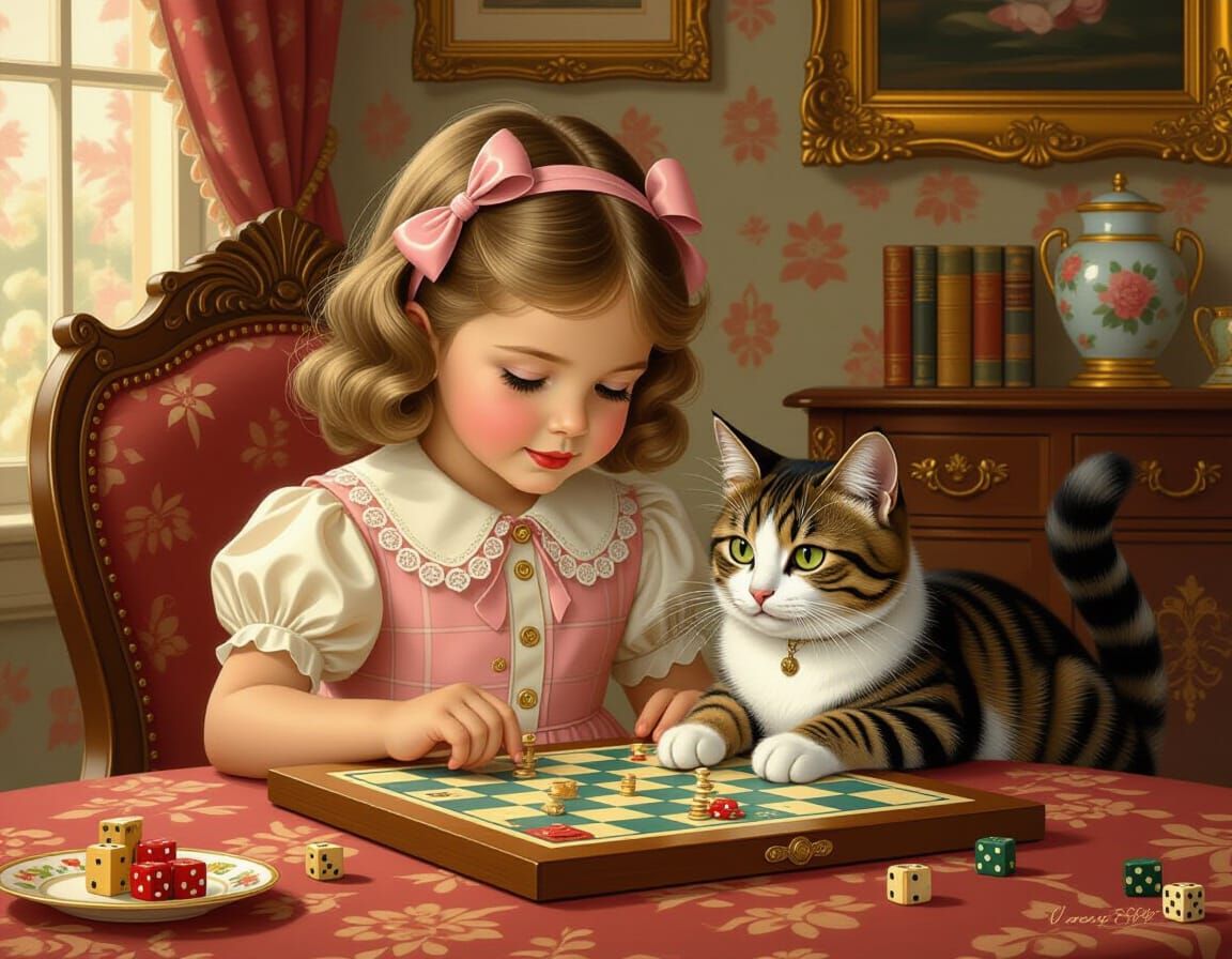 Girl and Cat Playing Game in Nostalgic Style