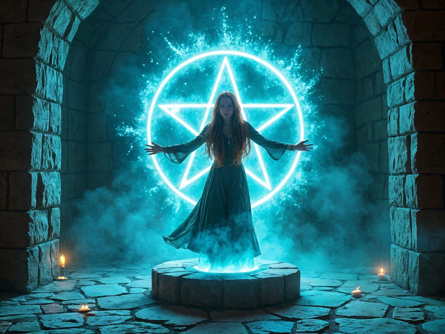 Girl Evoking Magic in Ancient Library