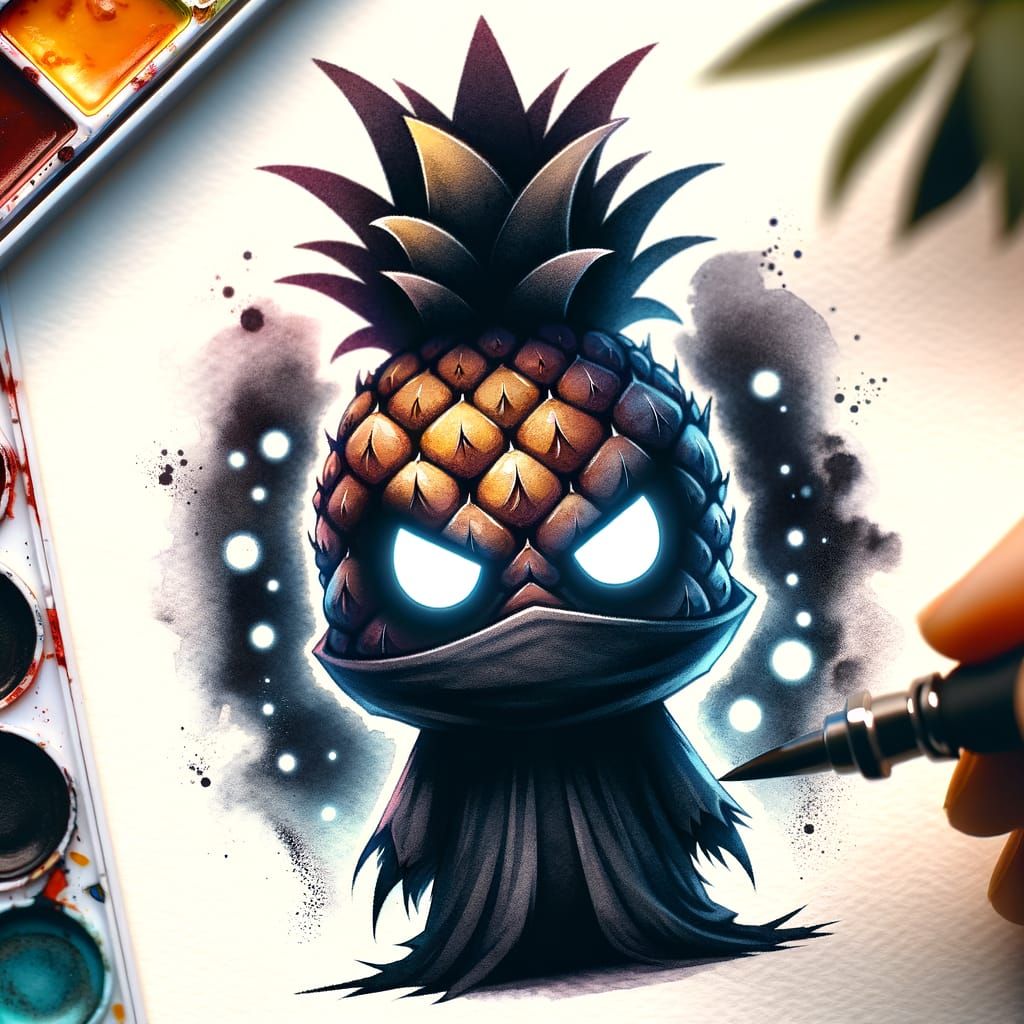 Eerie Chibi Pineapple Assassin in Watercolor Style