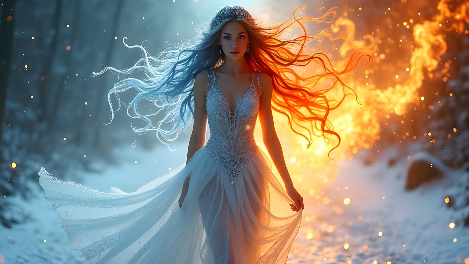 Ethereal Ice and Flame Goddess Walking with Confident Stride