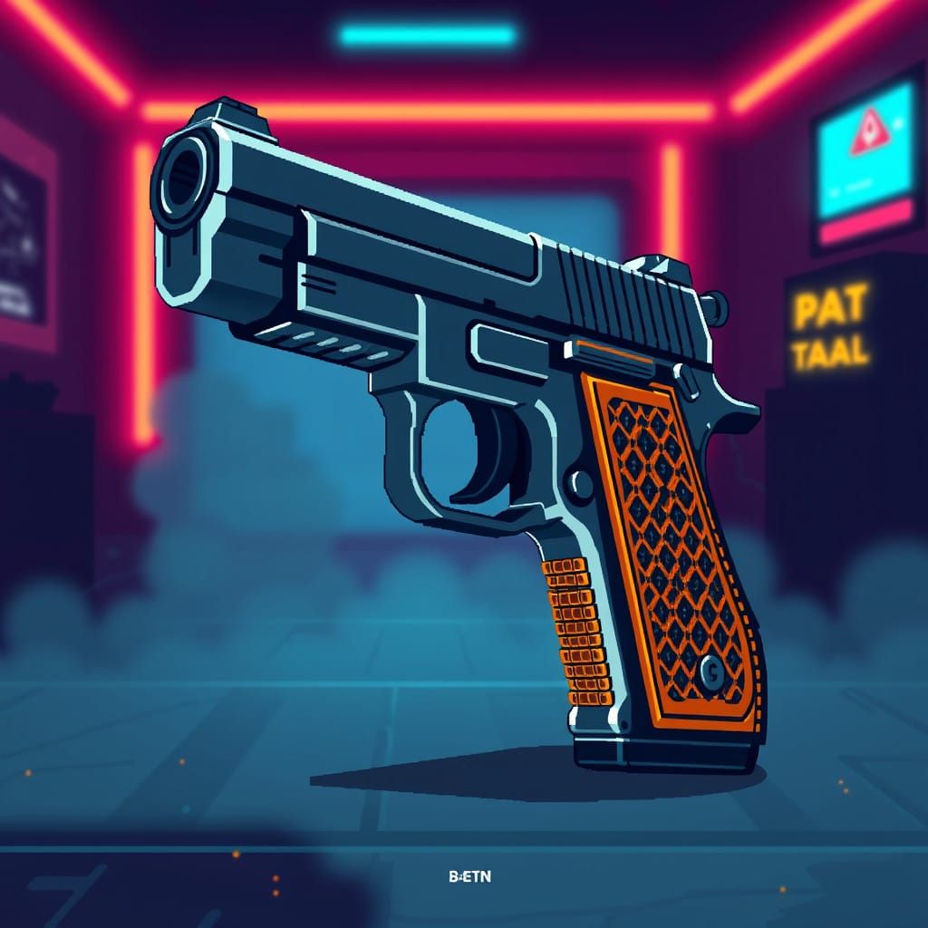 Pixel Art Gun in Neon-Lit Cyberpunk Landscape