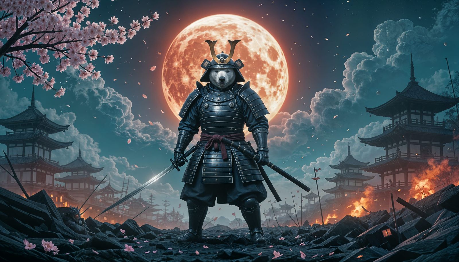 Samurai Polar Bear on Battlefield in Digital Art Style