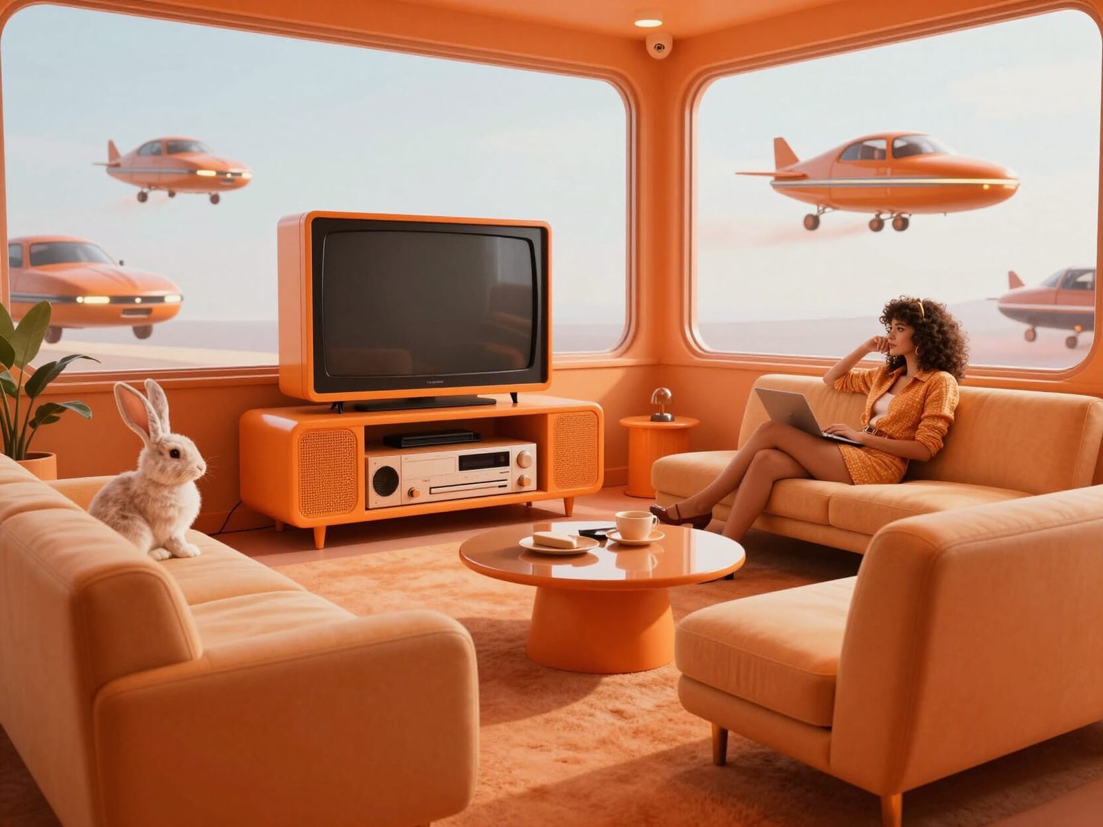 Retro-Futurist 1980s Lounge in Orange Hues