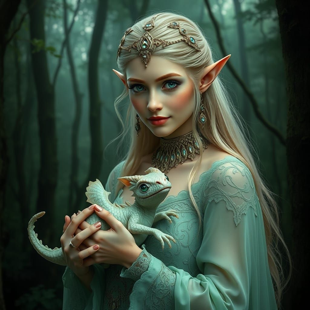 Ethereal Elf Woman in Lush Forest Dreamscape
