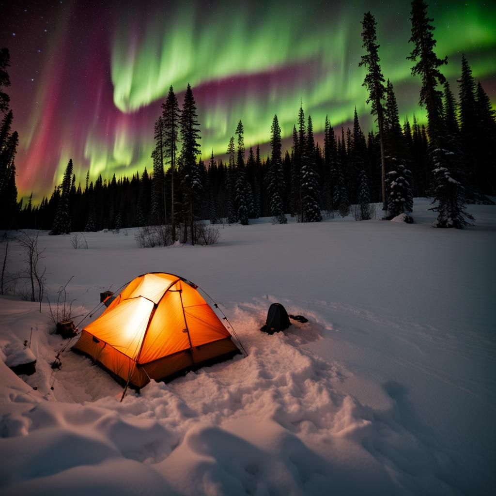 Aurora Borealis Illuminates Snowy Campsite