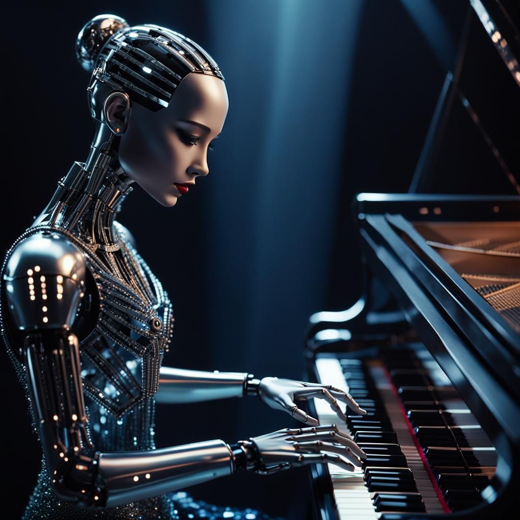 Female Robot Concert Pianist in Moody Lighting