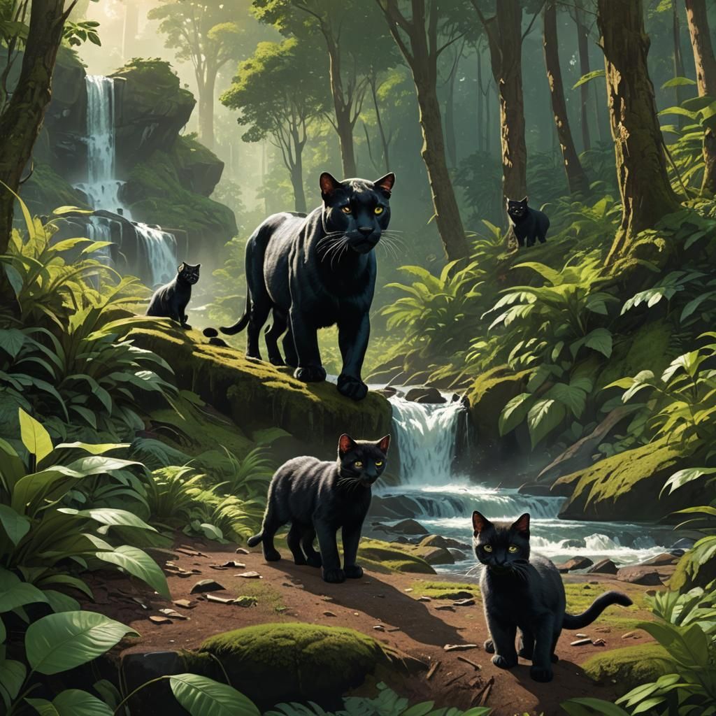 Panther Family Journey Through Lush Forest