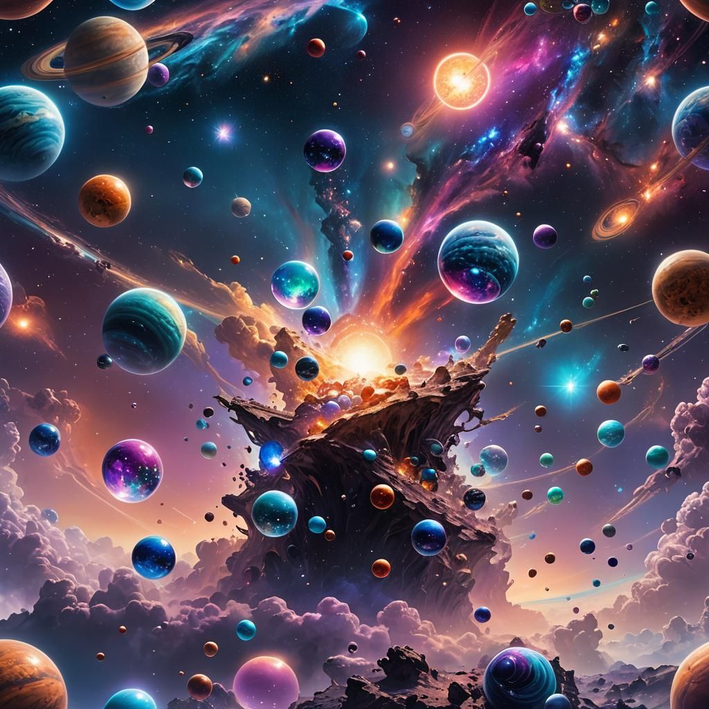 Dreamy Galactic Sky with Rainbow Bubbles