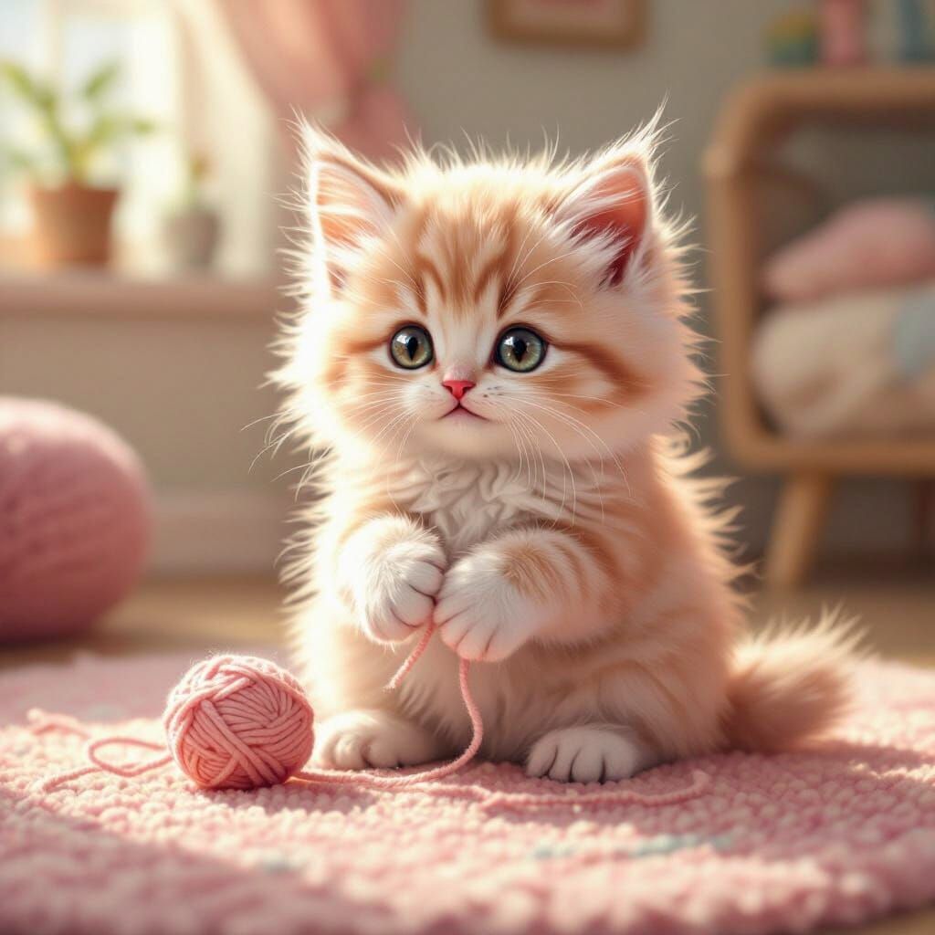 Playful Pink Kitten Batting Yarn in Cozy Room