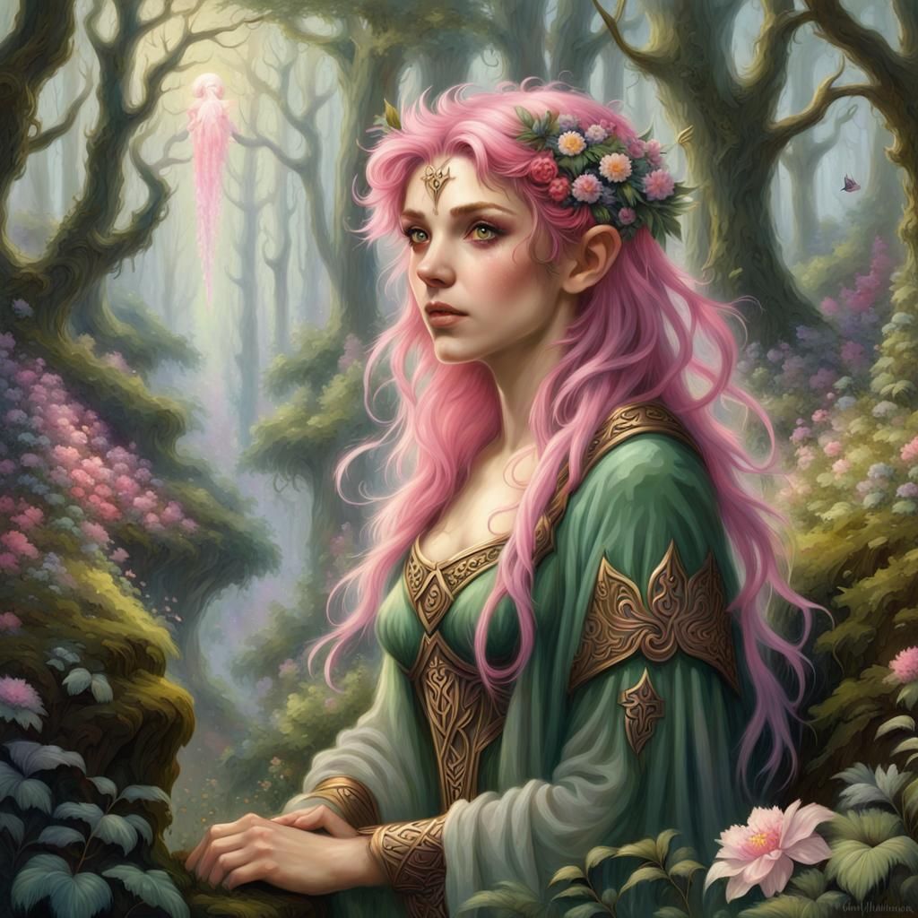 Pink-Haired Druid in Ethereal Forest, Kinkade Style
