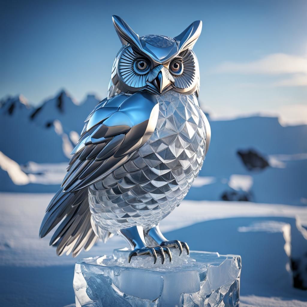 Icy Owl Sculpture in Antarctica, 3D Digital Art