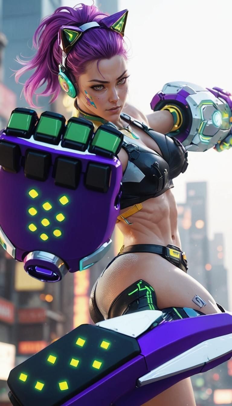 Anime Style Cyberpunk Woman Boxer Punches Camera