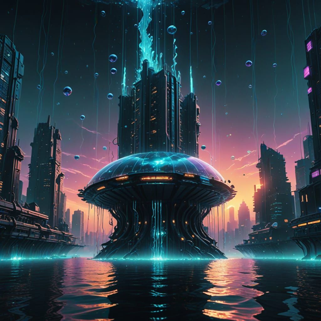 Glowing Cyberpunk Atlantis in the Depths