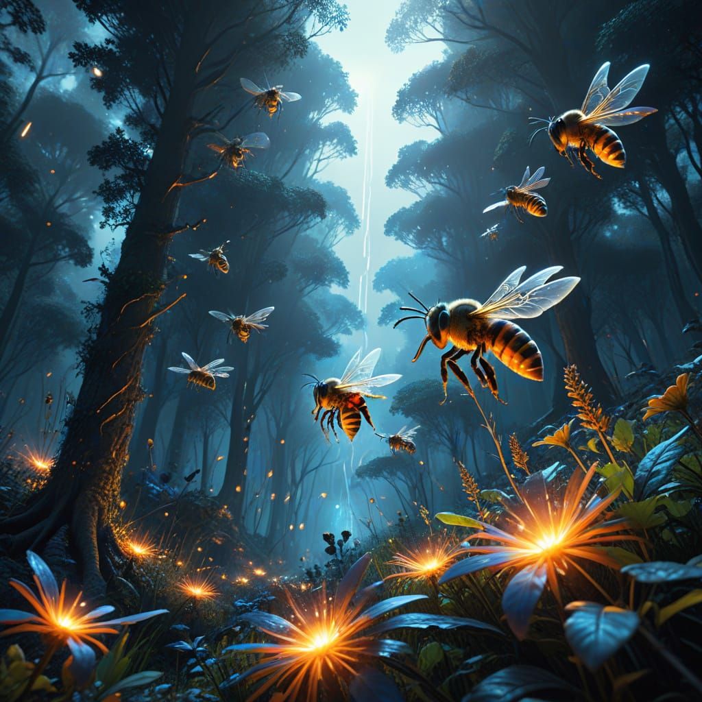 Bees in Ethereal Glow Amidst Vibrant Forest