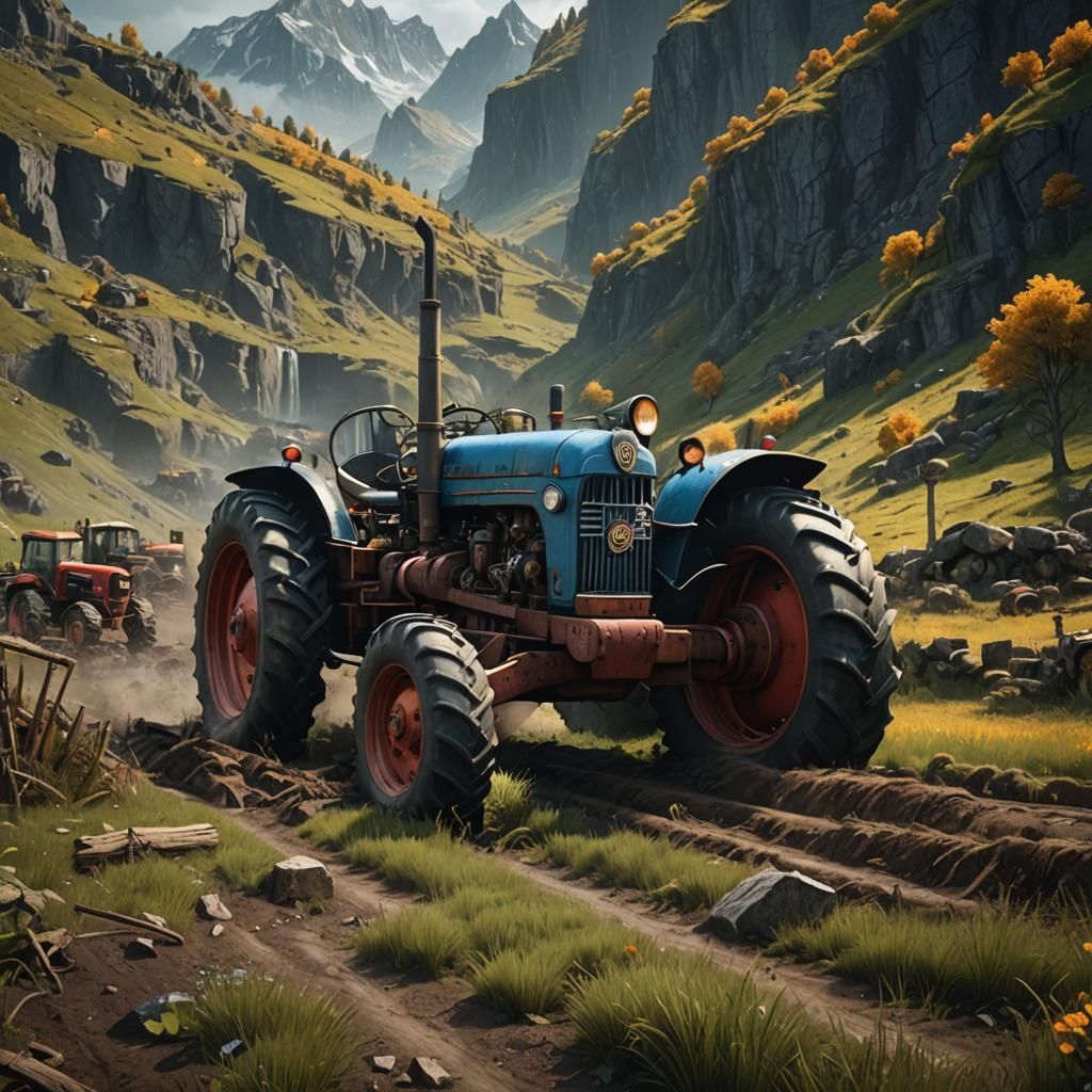 Detailed Tractor Matte Painting in Deep Color
