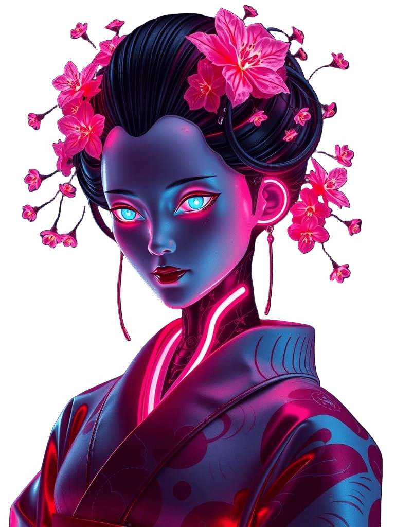 Cyberpunk Geisha Robot Portrait in Triadic Colors