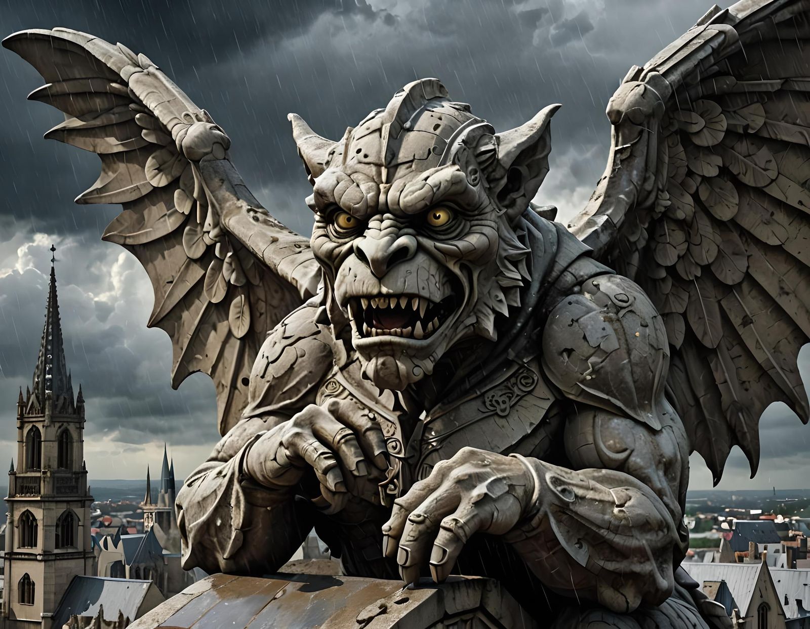 Furious Stone Gargoyle Perched Atop Cathedral