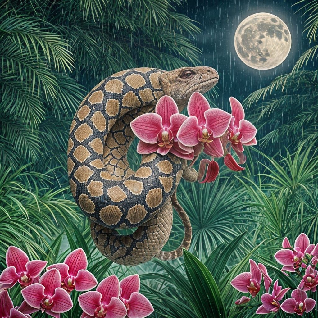 Python Guarding Blood Orchids in Moonlit Jungle