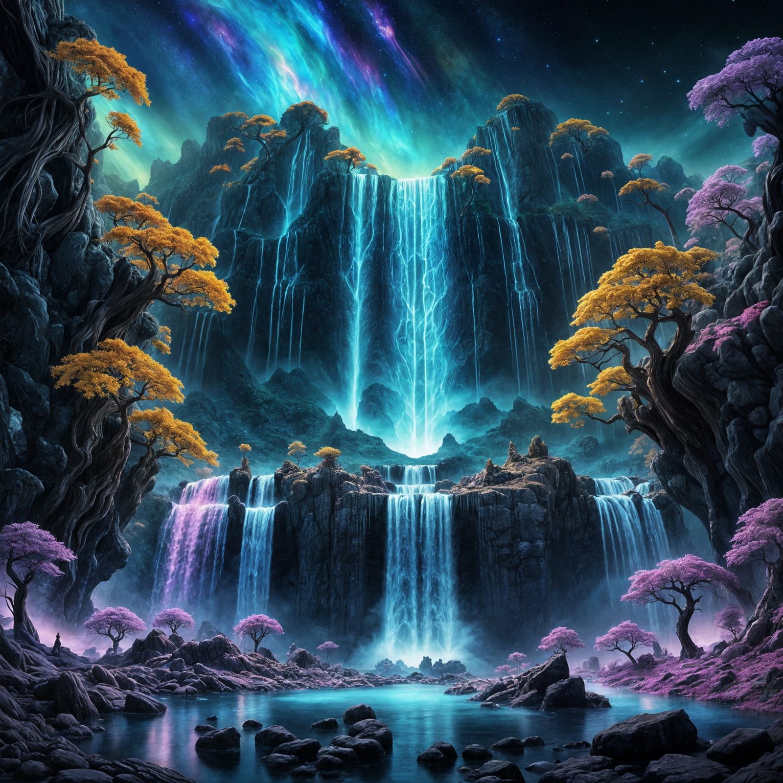 Epic Glowing Waterfall in Cosmic Fantasy Landscape