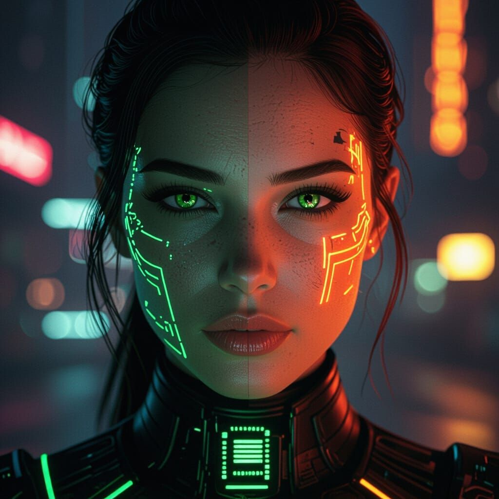 Futuristic Woman's Face Lit by Neon Green and Orange Light