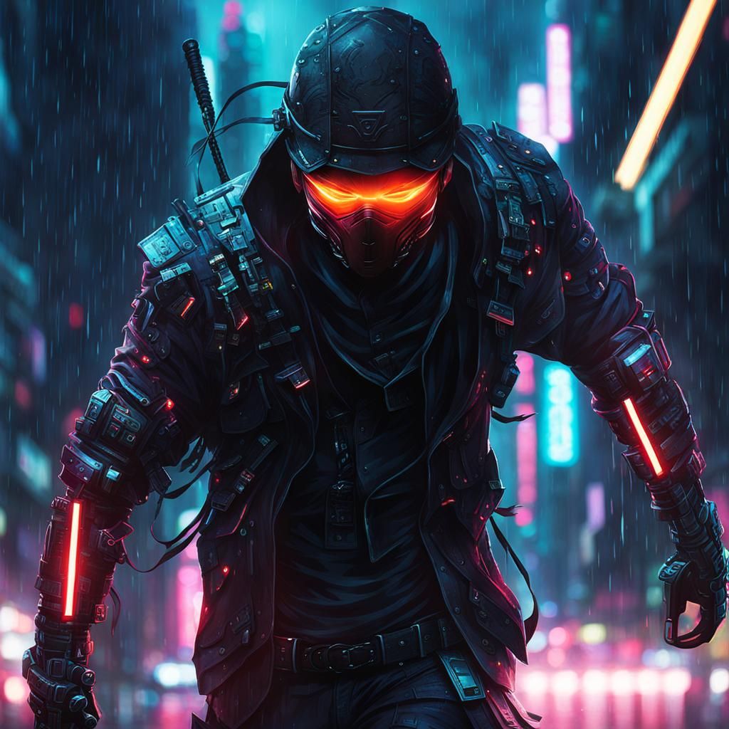 Cyberpunk Ninja Emerges from Rainy Shadows