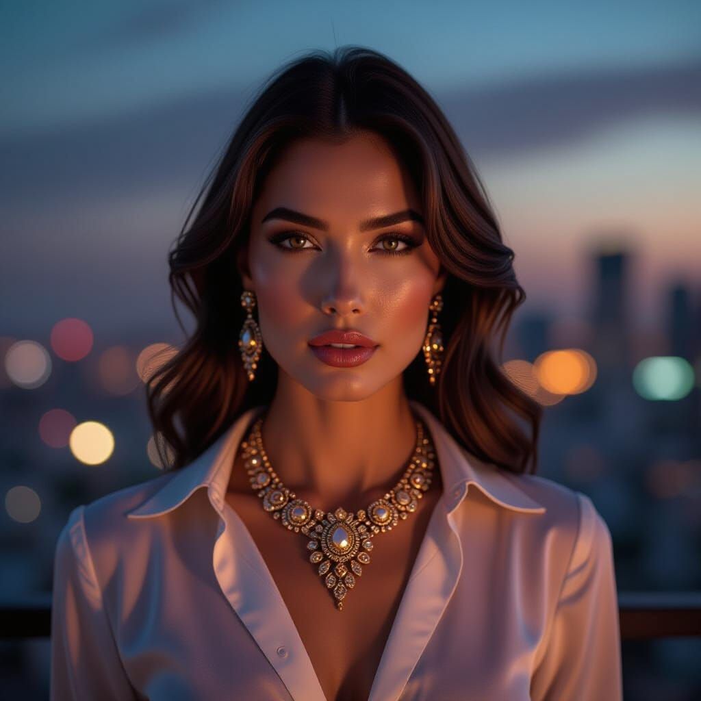 Confident Woman with Ornate Necklace in Dramatic Lighting