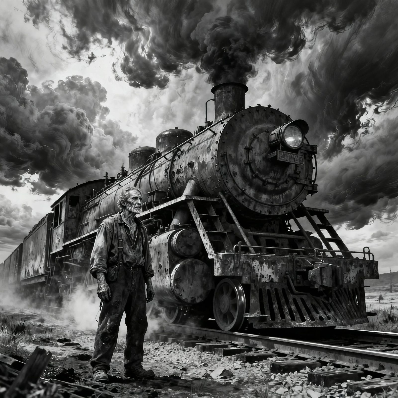 Steam Train Worker in Stormy Sketch Style