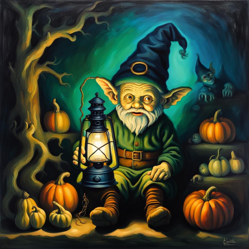 Gnome Child in Arcimboldo-Style Surreal Oil Painting