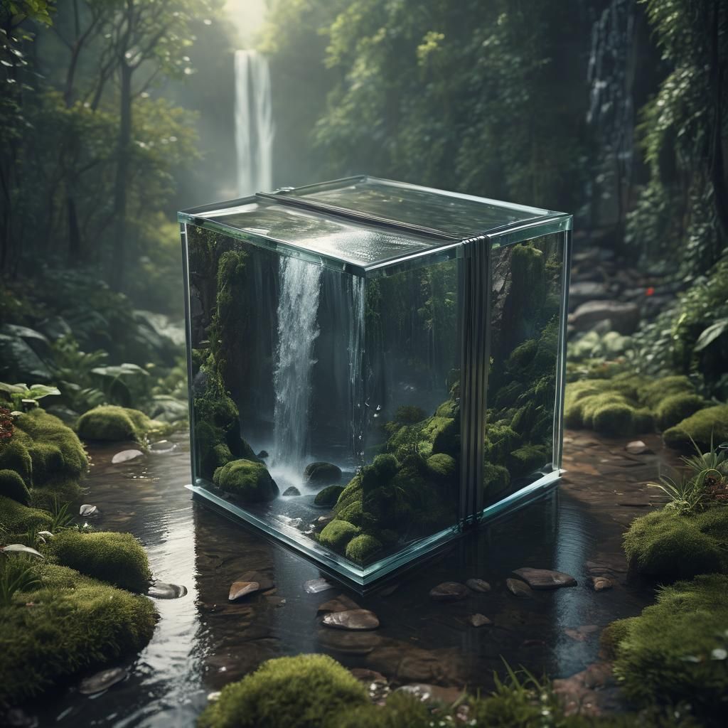 Waterfall Landscape Inside Glass Box in HDR