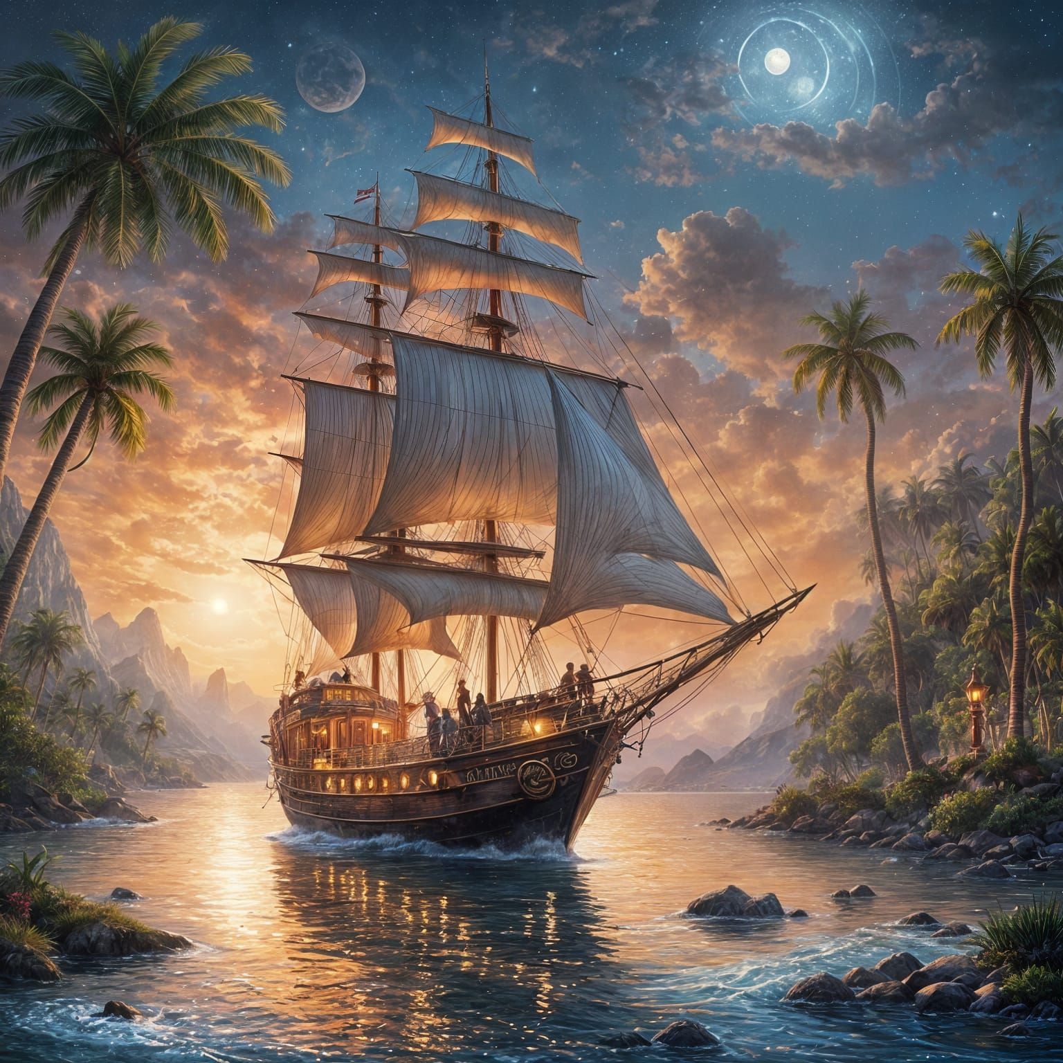 Magical Sailboat on Golden Moonlit Waters
