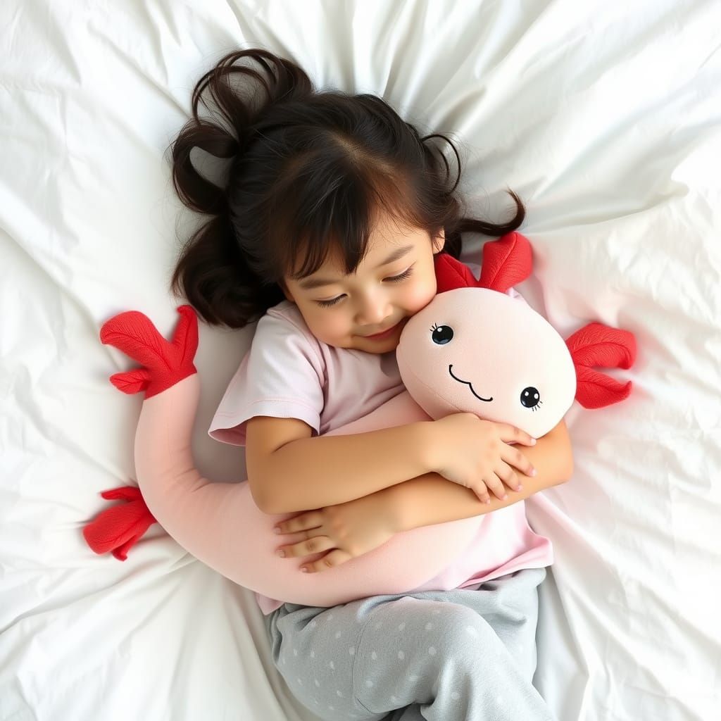 Serene Girl with Plush Axolotl Toy