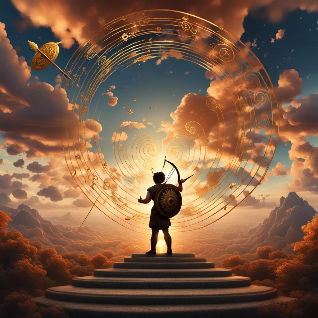 Chubby Cupid Aims Heart Arrow in Golden Cloud Spiral