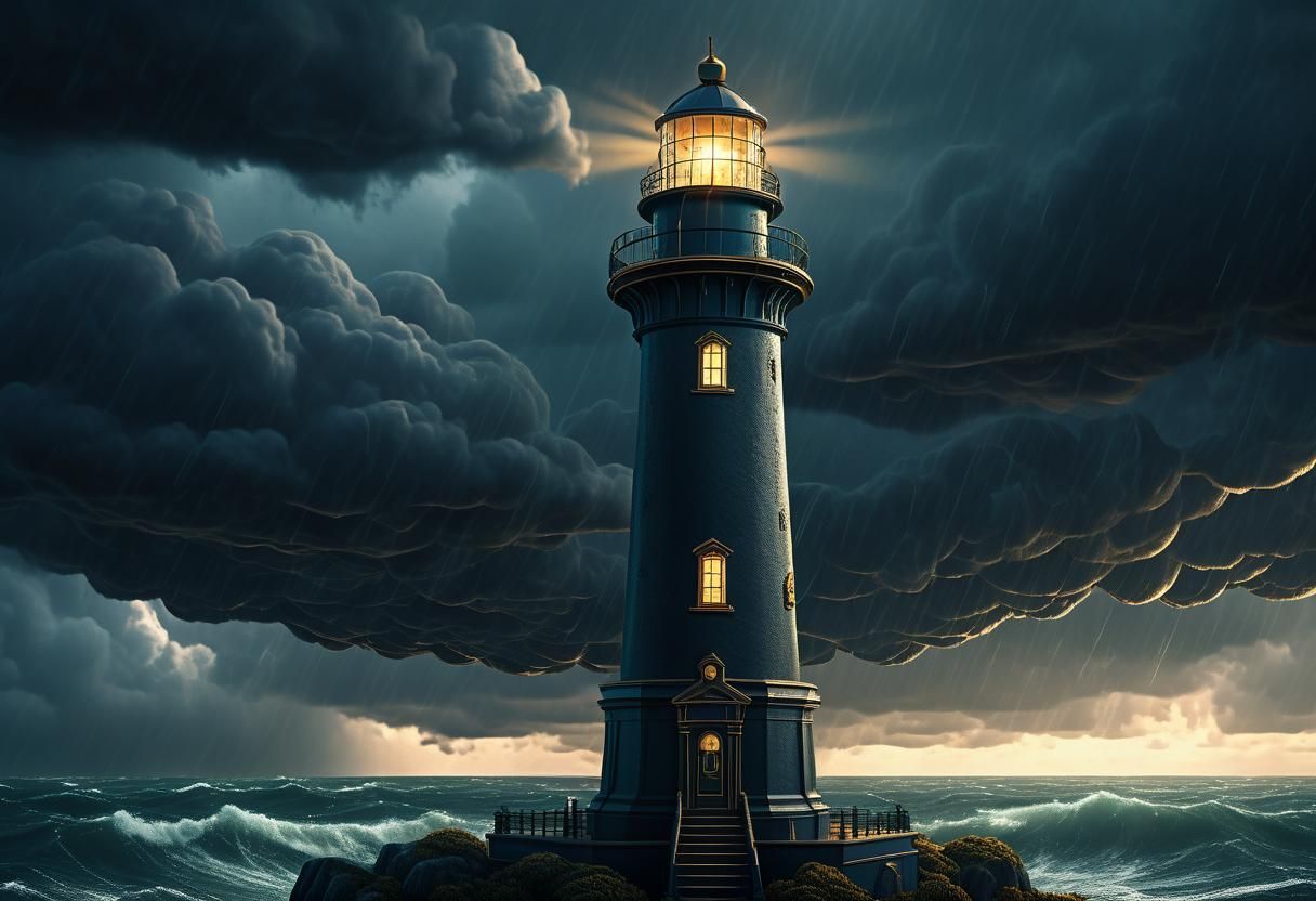 Dramatic Lighthouse in Stormy Seas, Art Nouveau Style