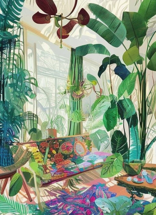 1960s Bohemian Living Room with Tropical Plants