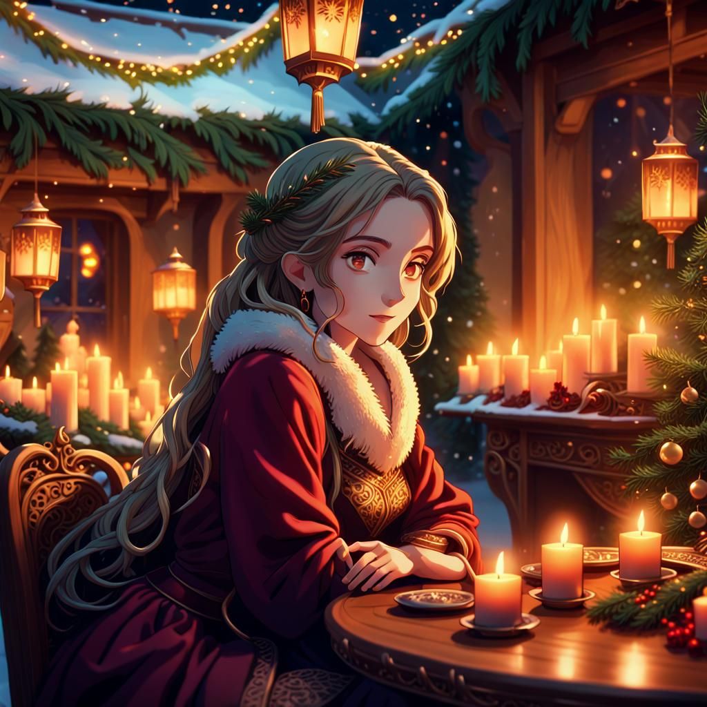 Regal Woman at Winter Yule Feast in Vibrant Anime Style